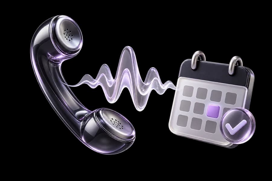 A silver telephone handset, audio waveform, and confirmed calendar appointment.